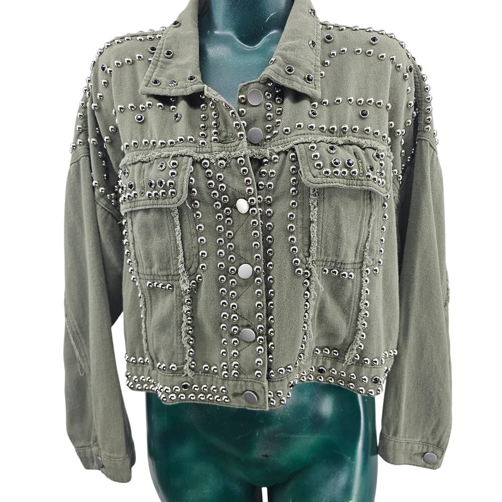 Before You With Love Olive Green Studded Bedazzled Crop Denim Jacket M 3859